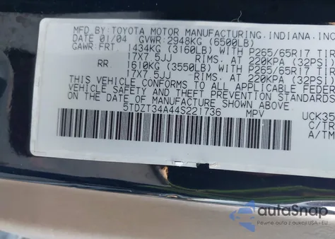 2004 Toyota Sequoia Sr5 V8 z USA, uszkodzony, nr VIN 5TDZT34A44S221736